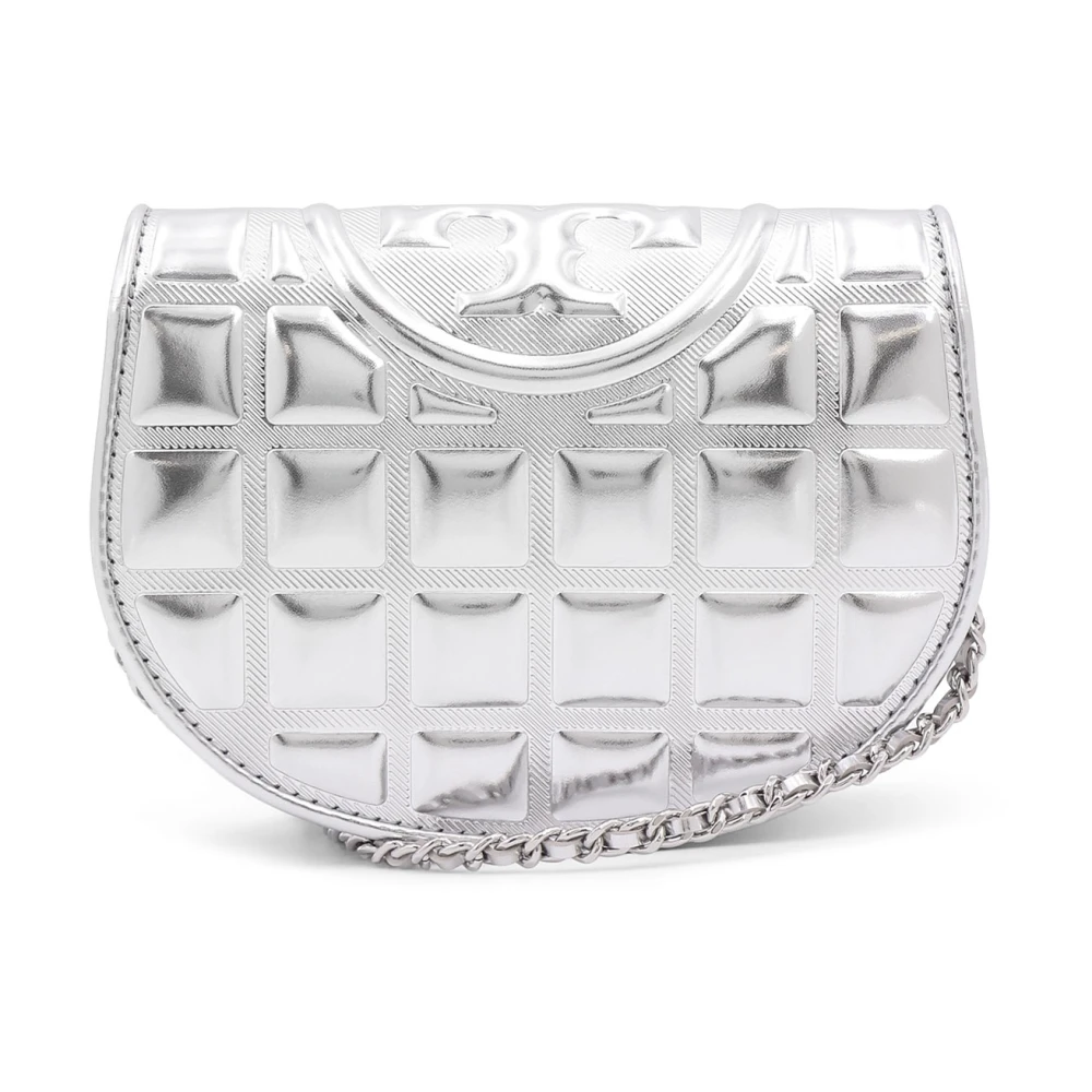 TORY BURCH Metallic Leren Schoudertas met Ketting Gray Dames