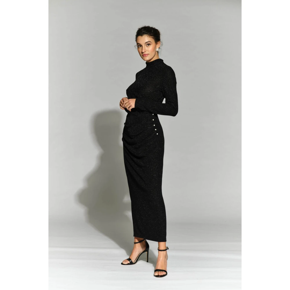 Moskada Zwarte Lurex Midi Jurk met Parel Detail Black Dames