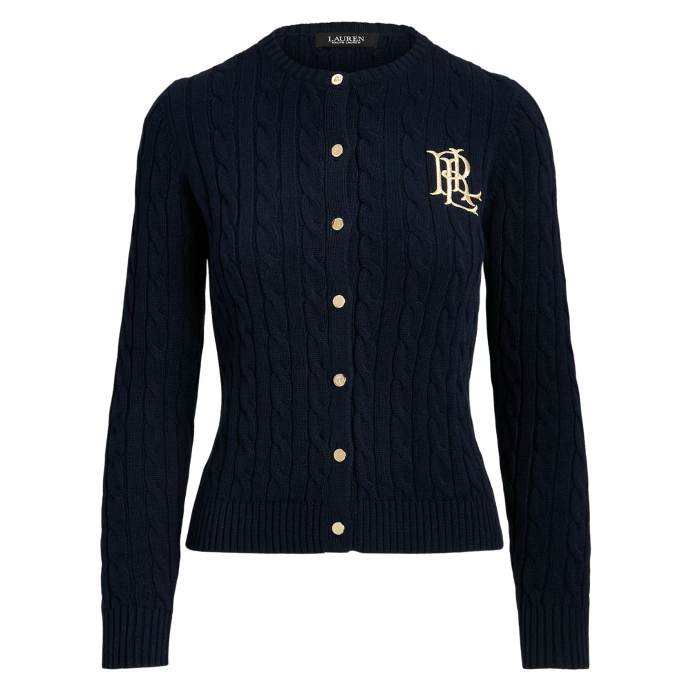 Ralph Lauren Navy Cable Knit Cardigan Zilveren Knopen Blue Dames