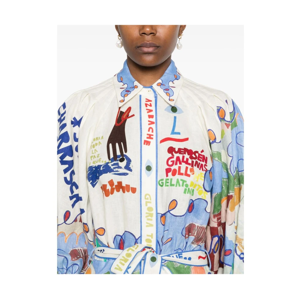 Alemais Illustratie-stijl Linnen Jurk met Pofmouwen Multicolor Dames