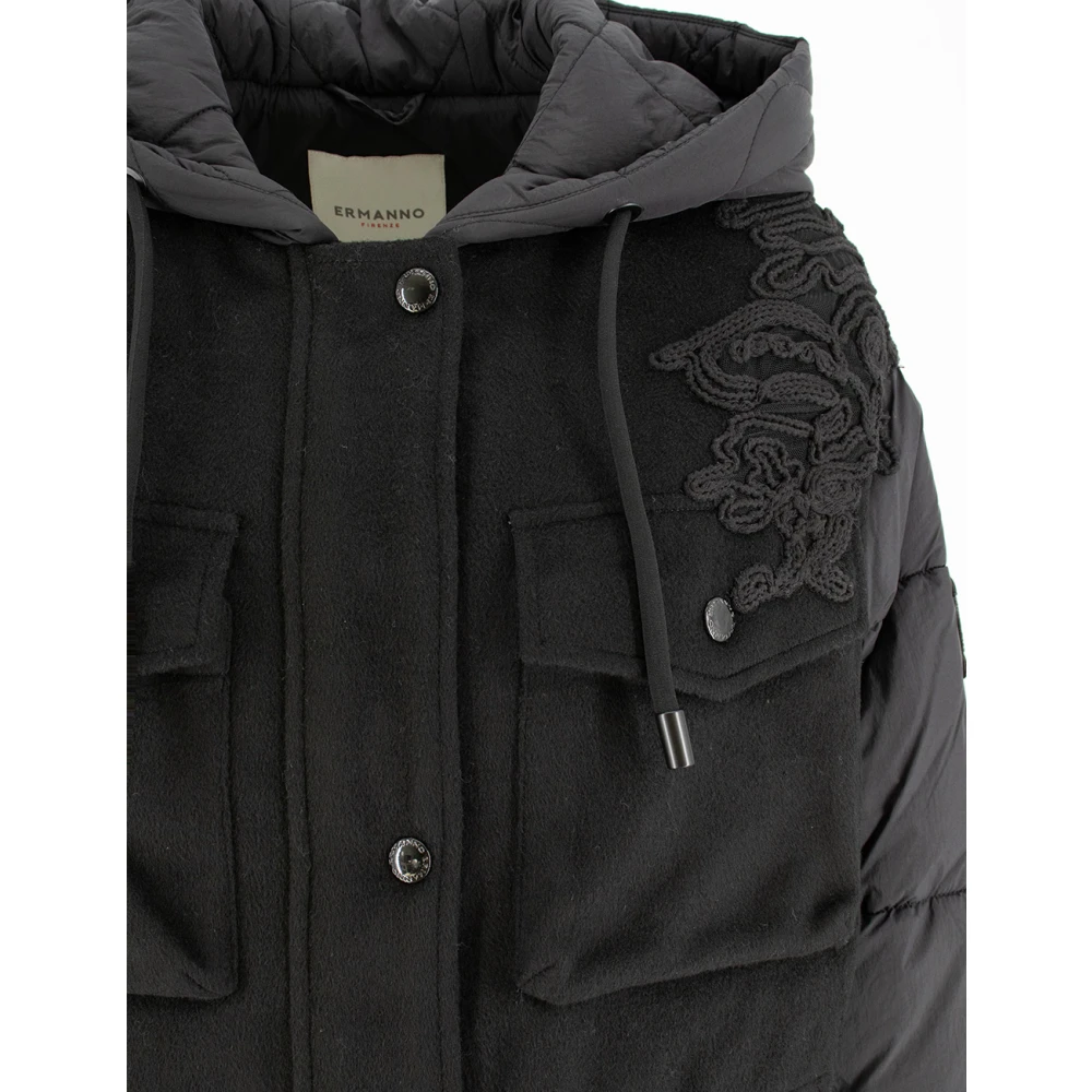 Ermanno Scervino Bi-materiaal Bloemenapplicatie Parka Black Dames