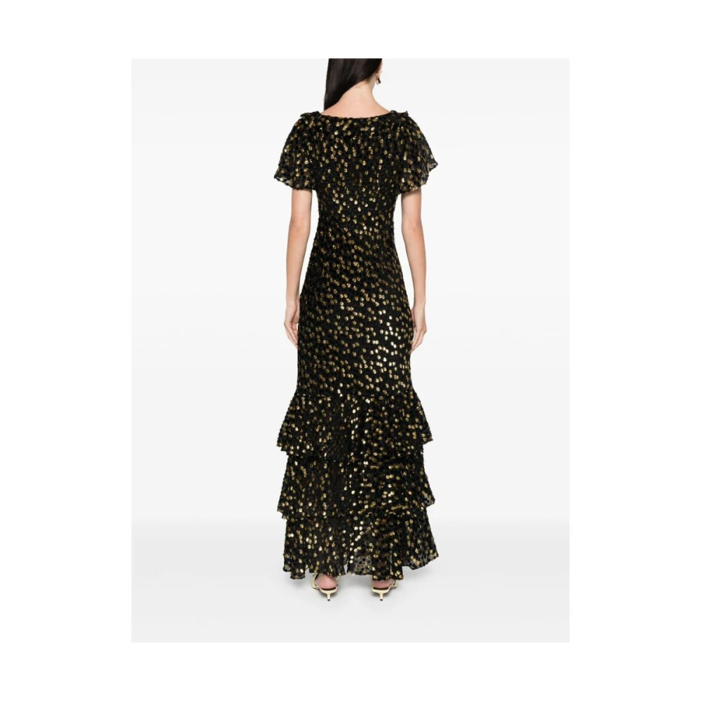 Rixo Polka Dot V-hals Ruffle Jurk Black Dames