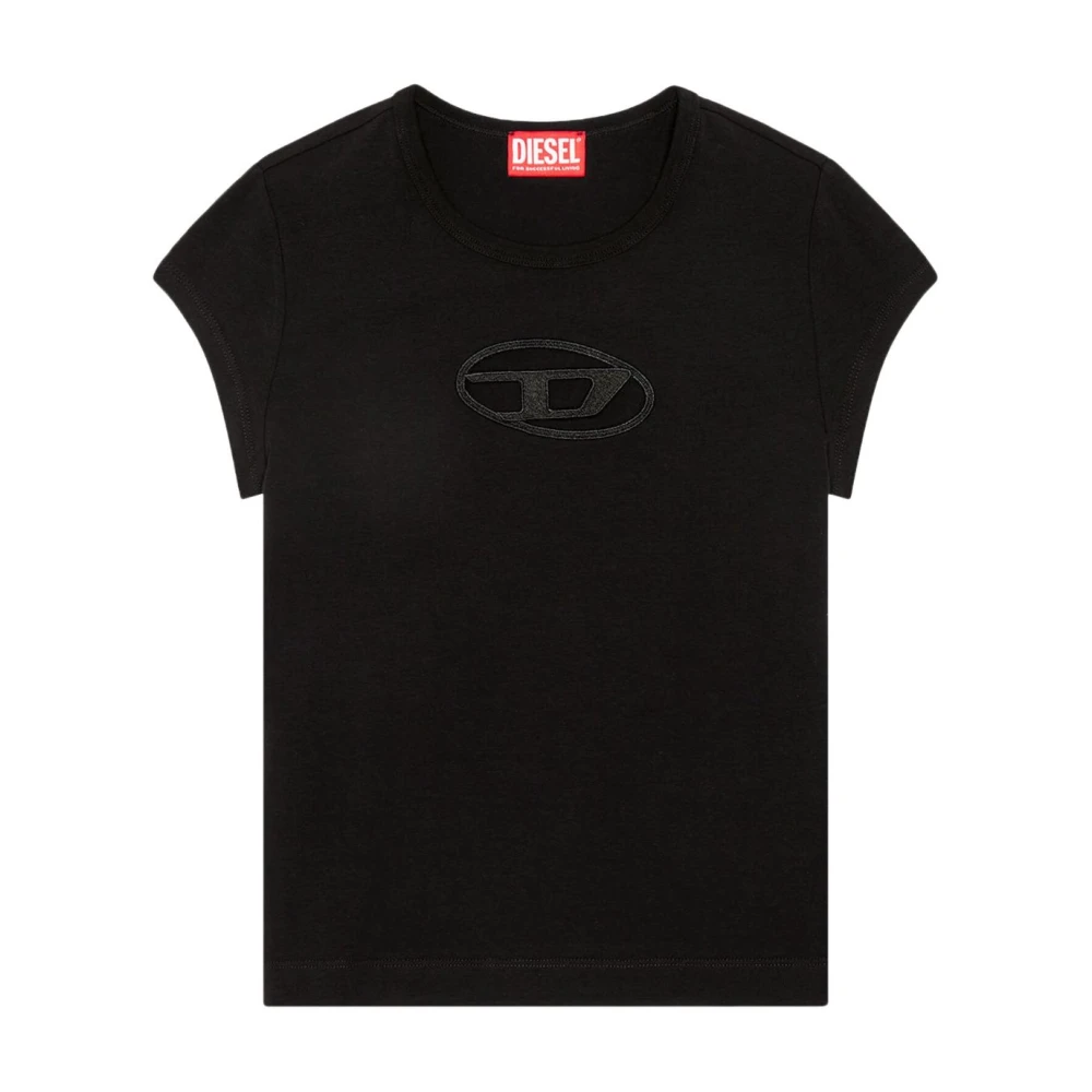 Diesel T-shirt met uitsnijding en logopatch Black Dames