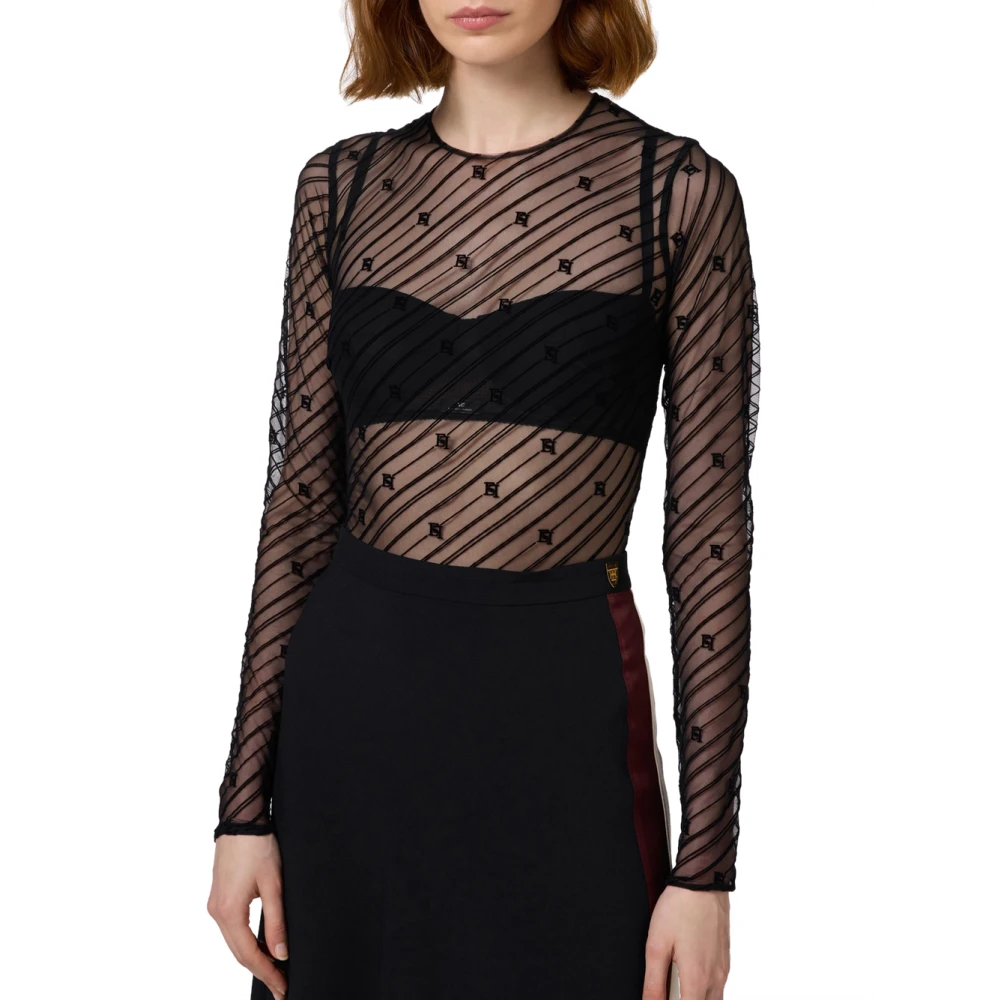 Elisabetta Franchi Zwart Diagonaal Tule Body met Lange Mouwen Black Dames