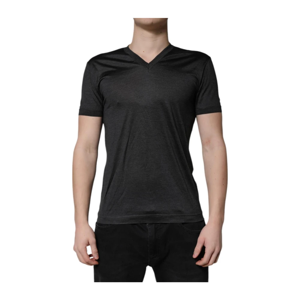 Dolce & Gabbana , T-Shirts, Male, Gray, S, Elegant Silk V-Neck T-Shirt