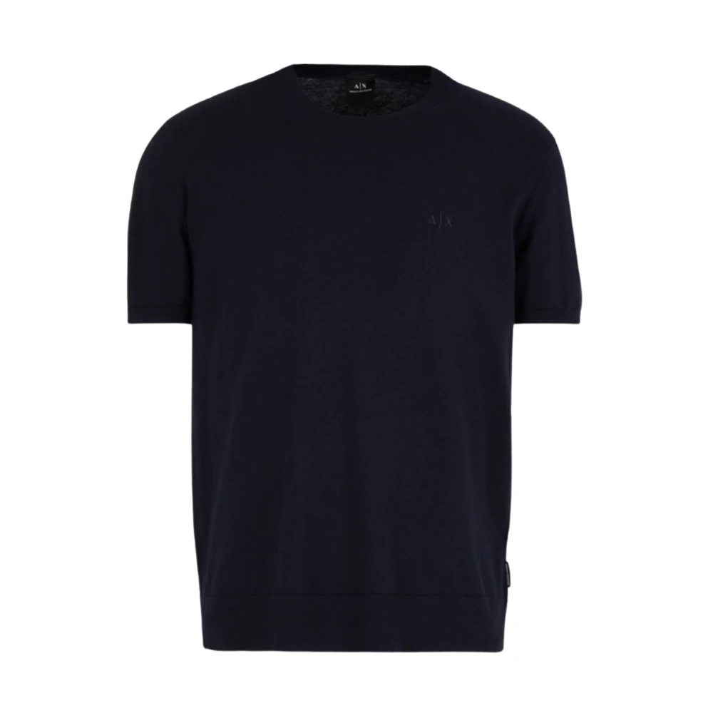 Armani Exchange Men's Blue Round-Neck Knitwear,, Ribbed Cotton Logo Jumper Medium