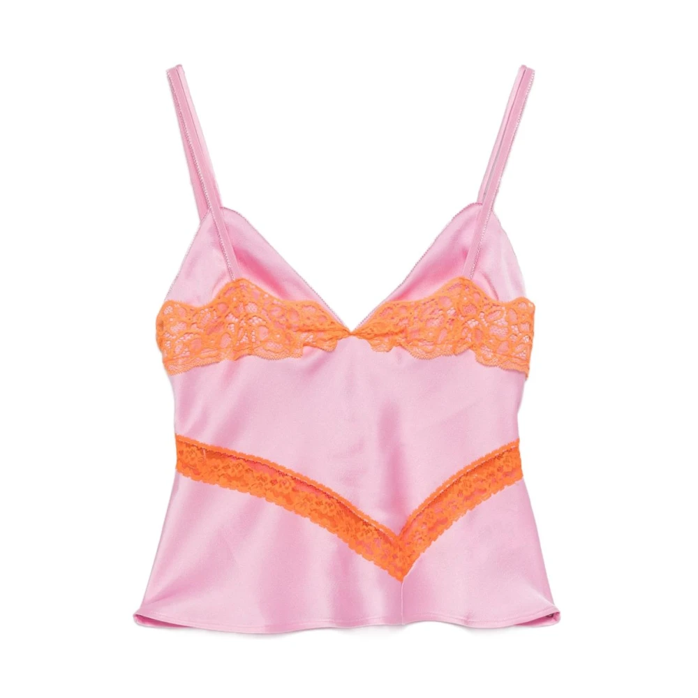 Msgm Women's Pink Sleeveless Tops, M, V-Neck Lace-Detail Top