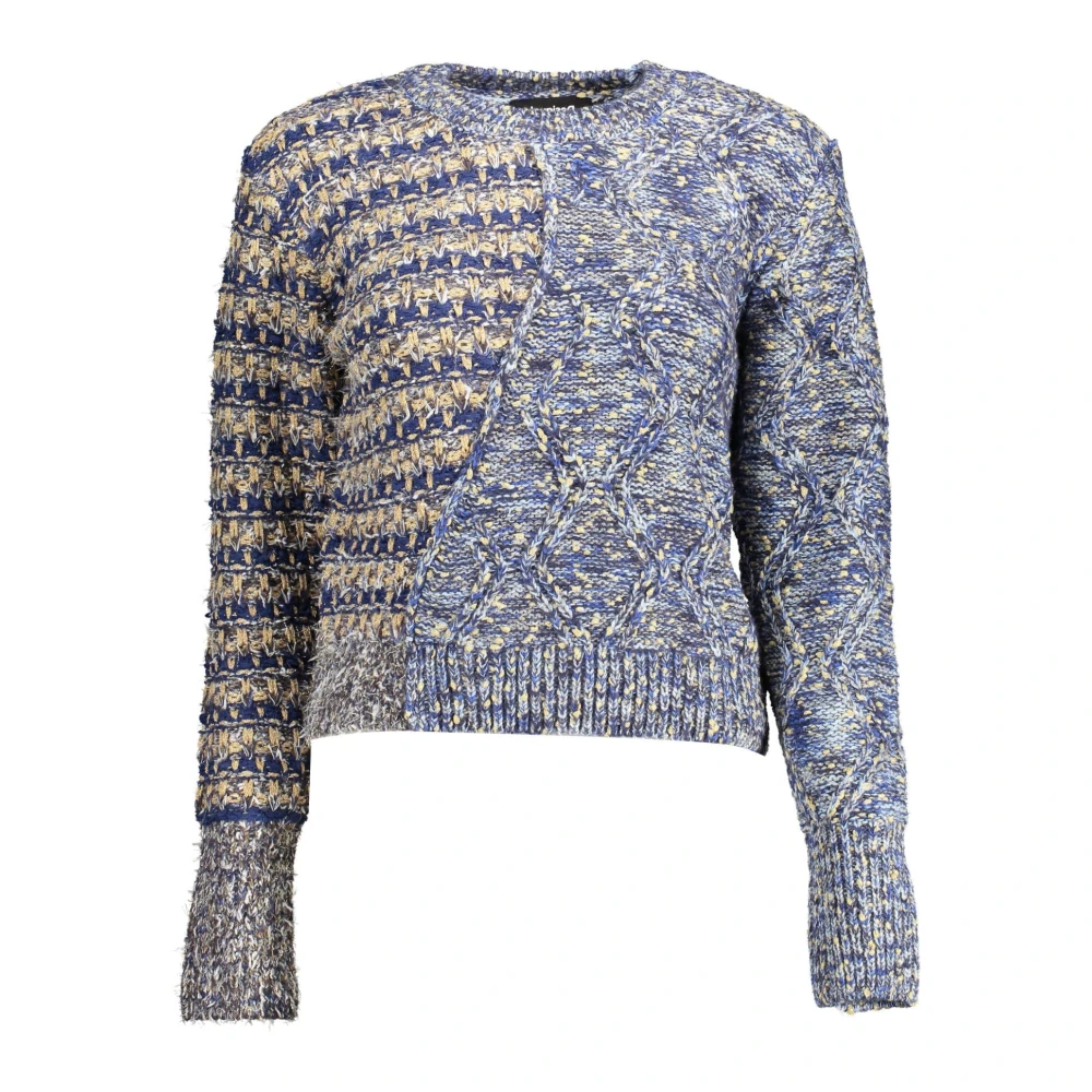 Desigual Women's Blue Round-Neck Knitwear, L, Polyester Jumper With Contrasting Details