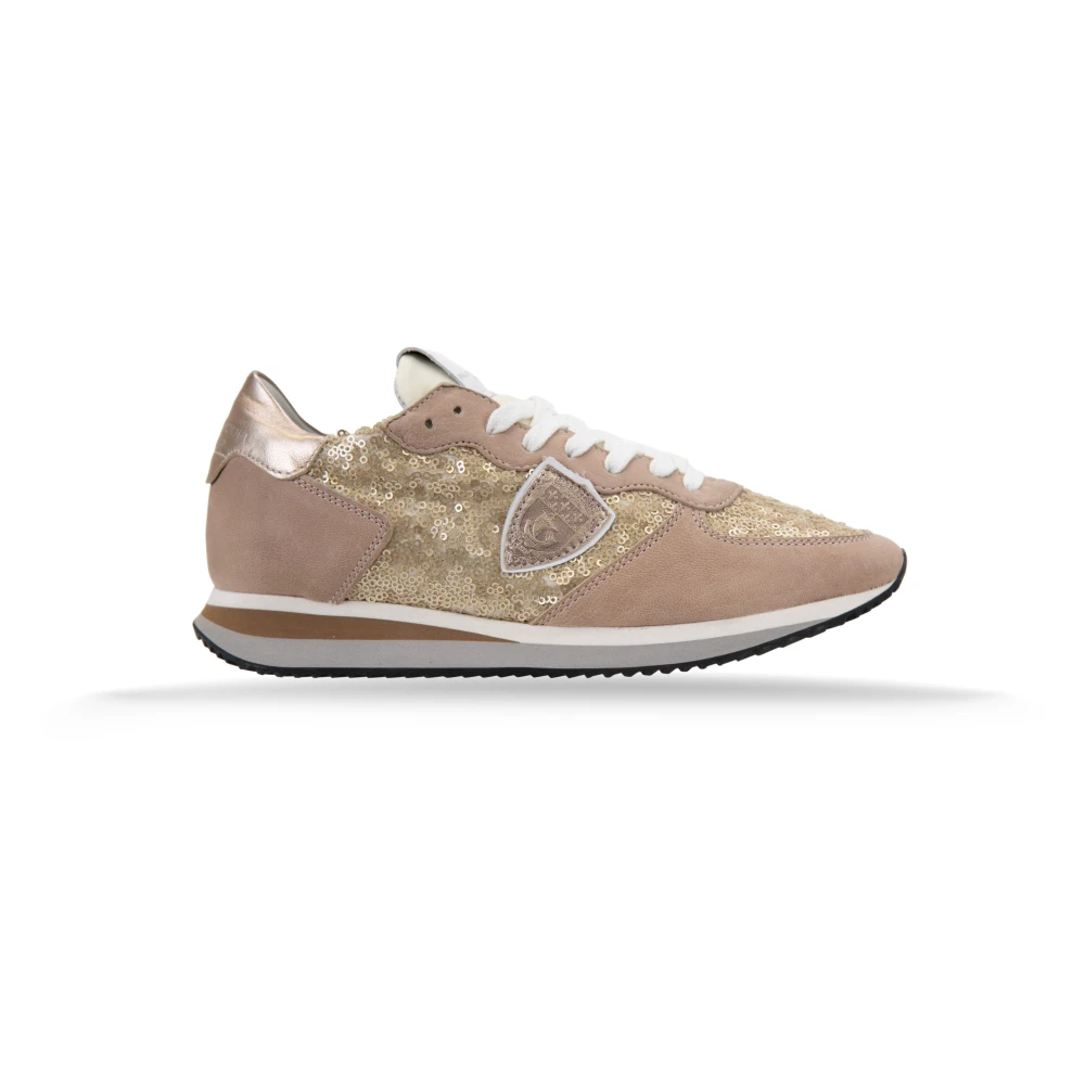 Philippe Model Gelamineerde Suède Stoffen Sneakers met Pailletten Dames Schoenen Beige