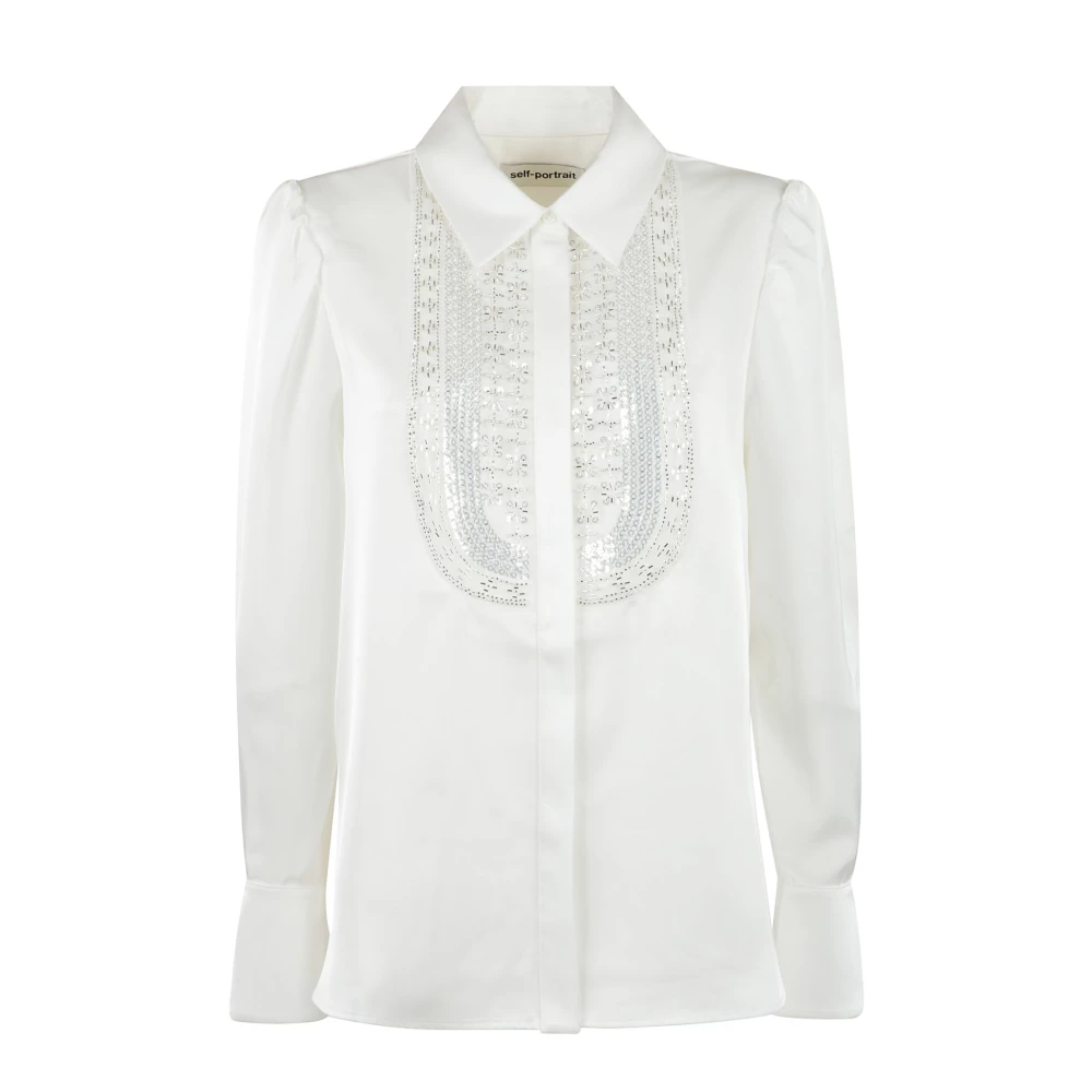 Self Portrait Satin Embellished Bib Blouse White Dames