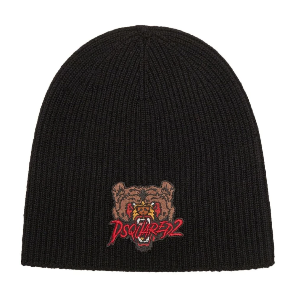 Dsquared2 Zwarte Wol Ribgebreide Beanie Hoed Black Heren