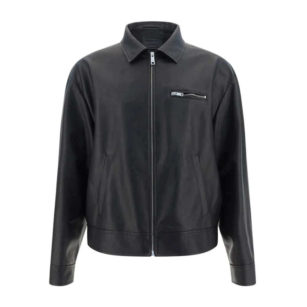 Prada Zwarte Leren Jas met Ritssluiting Black Heren