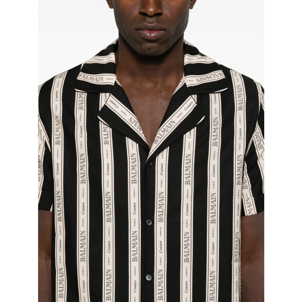 Balmain Gestreept Zwart Shirt Korte Mouwen Knoop Black Heren
