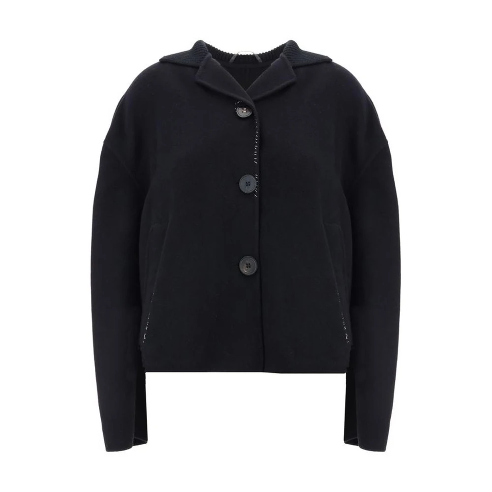 Marni Geribbelde Revers Wollen Jas met Contraststiksels Black Dames