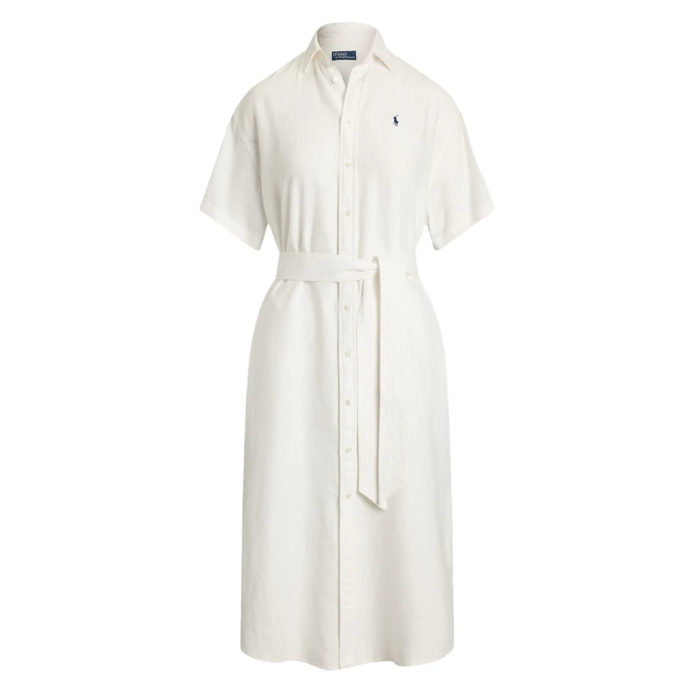 Polo Ralph Lauren Witte Linnen Overhemdjurk met Korte Mouwen White Dames