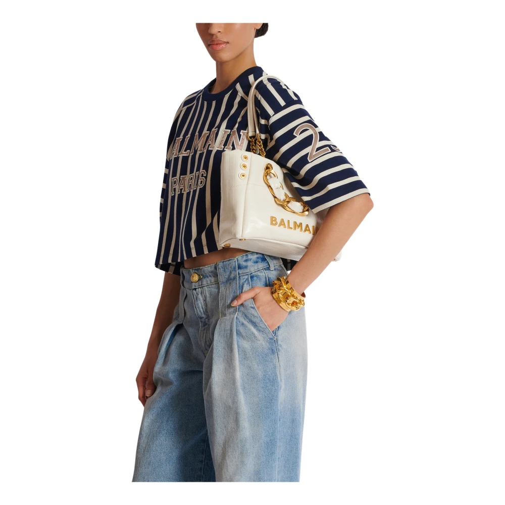 Balmain Kleine 1945 Zachte tas in reliëf gekraakt kalfsleer met een PB Labyrint monogram White Dames