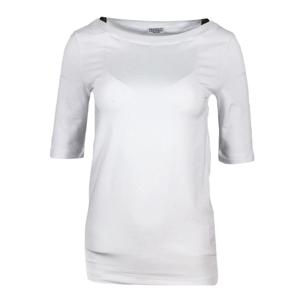 BRUNELLO CUCINELLI T-shirt met kwartmouwen en boothals White Dames