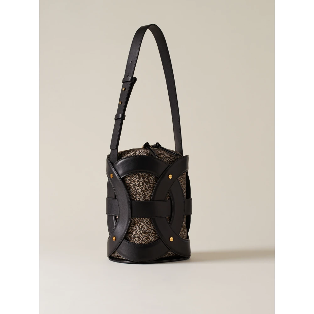 Borbonese Zwarte Leren Bucket Tas met Weefsel Black Dames
