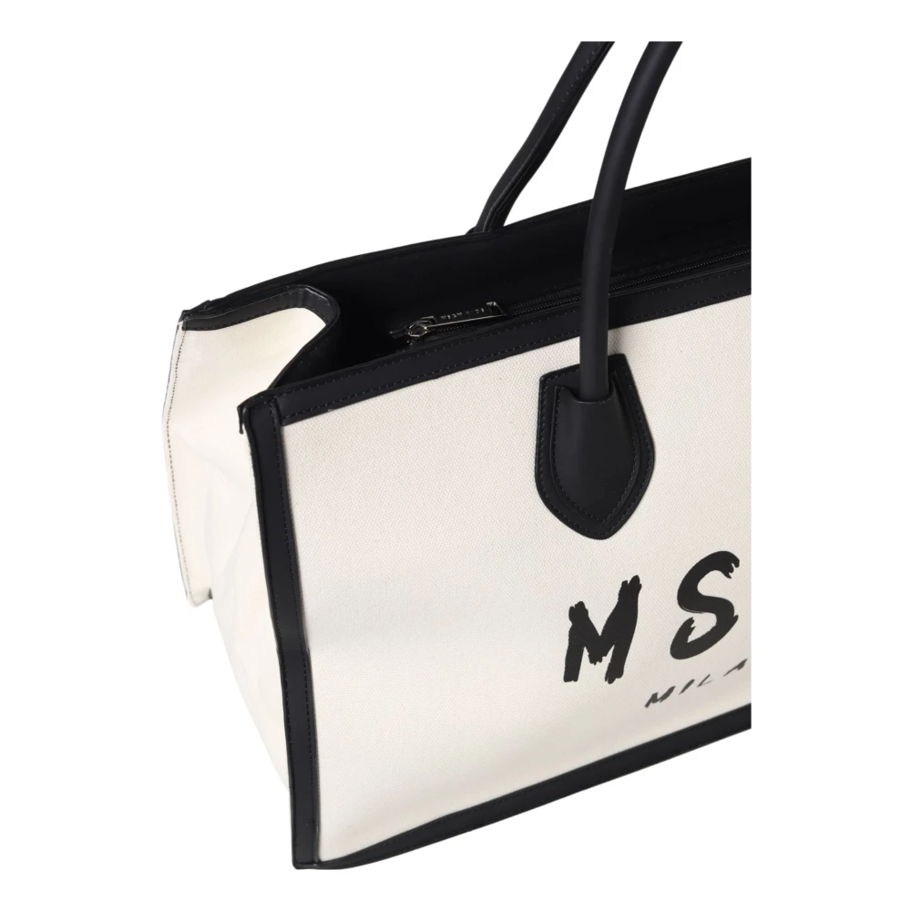 Msgm Zandkleurige Tote Tas met Zwarte Contrastranden en Maxi Logo Beige Dames