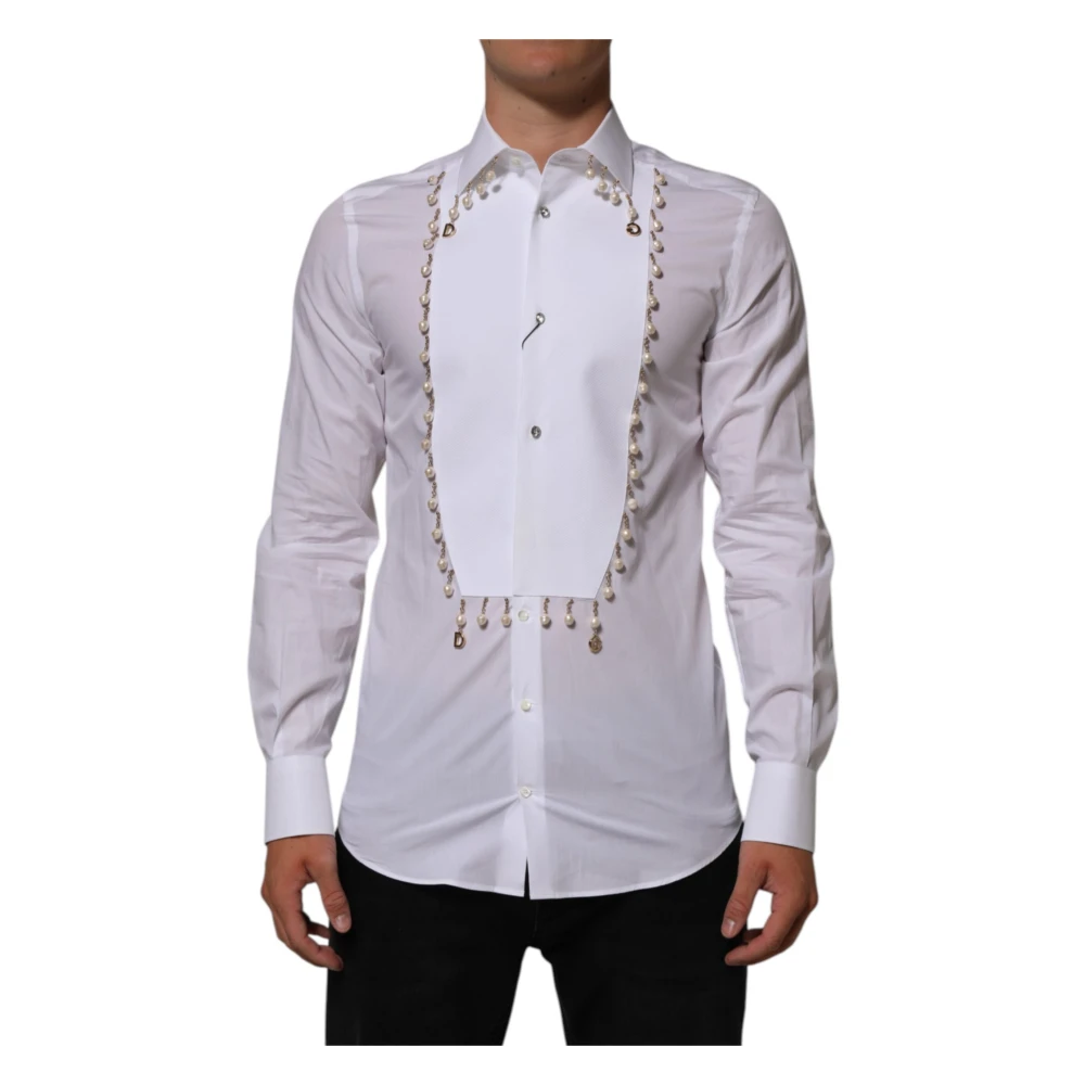 Dolce & Gabbana Camisa Formal Blanca De Algodón Con Logo Dg Y Perla Shirts Hombre Blanco M