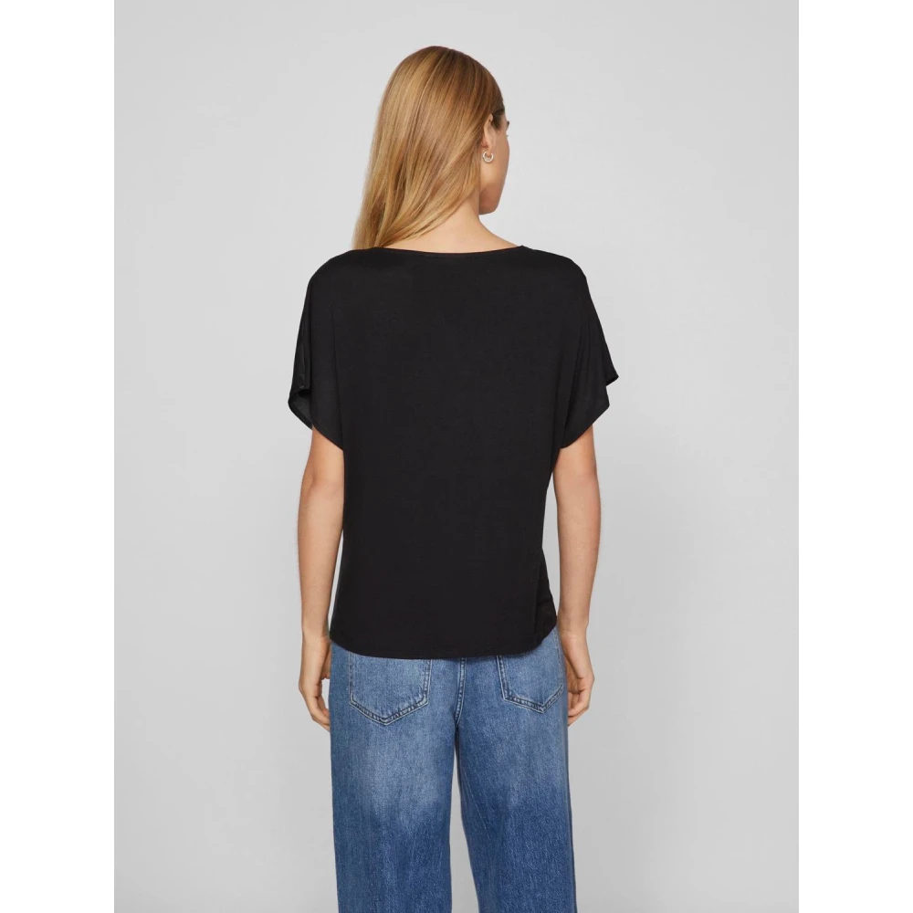 Vila Satin V-Hals Korte Mouw T-Shirt Black Dames