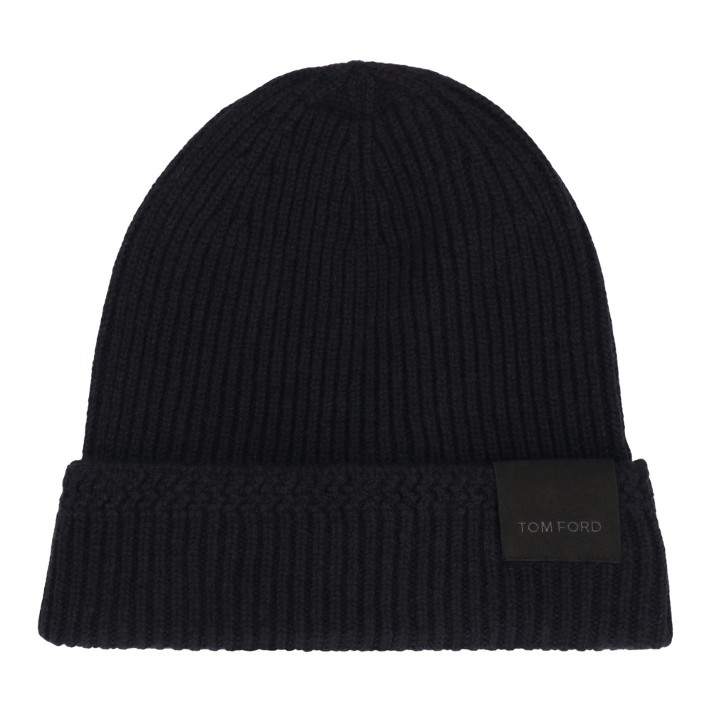 Tom Ford Men's Blue Cashmere Ribbed Knit Beanie With Logo Large