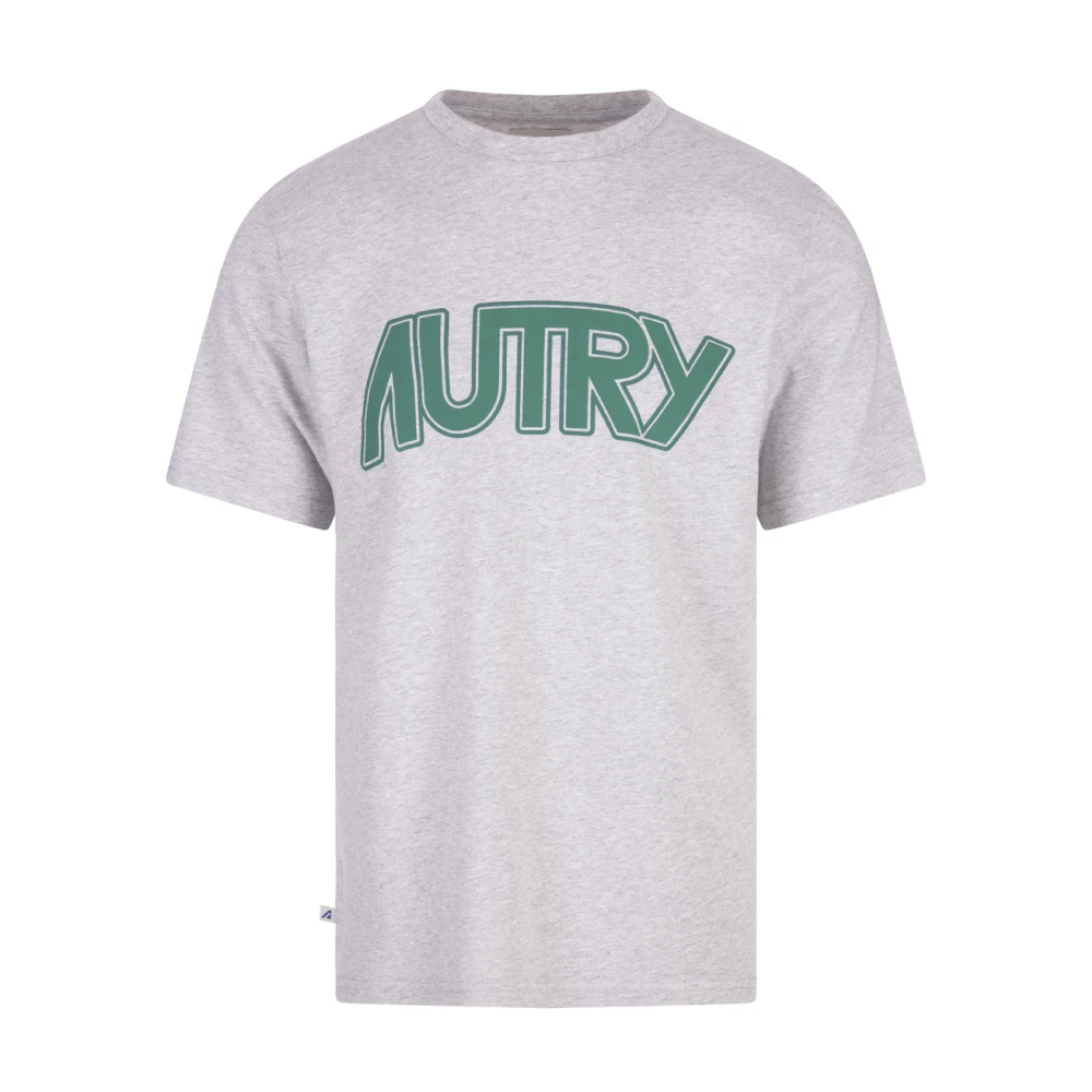 Autry Gray T-Shirts, Male, L, Grey Melange T-Shirt With Green Logo