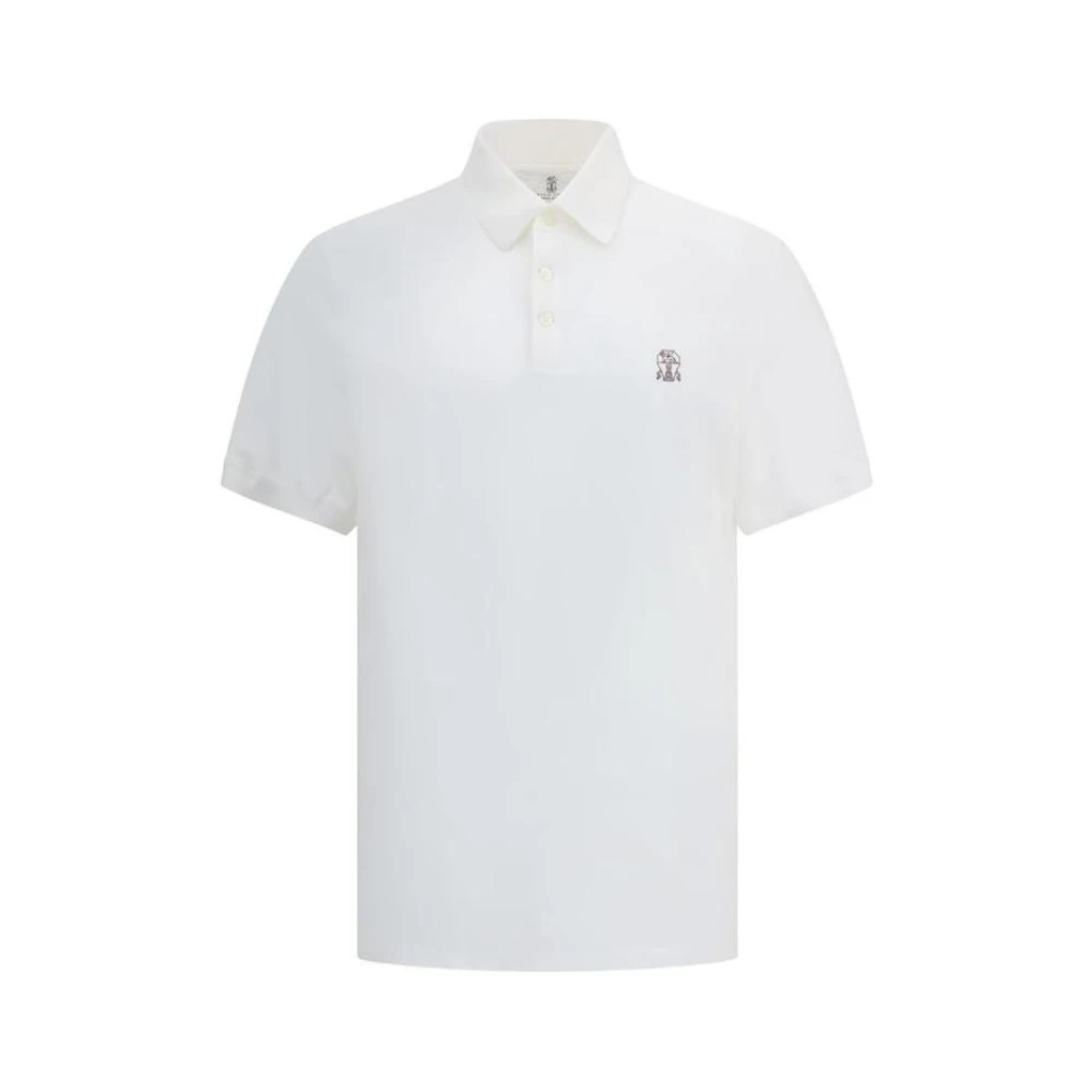 Brunello Cucinelli White Polo Shirts, Male, Xl, Logoed Cotton Polo Shirt With Ribbed Collar