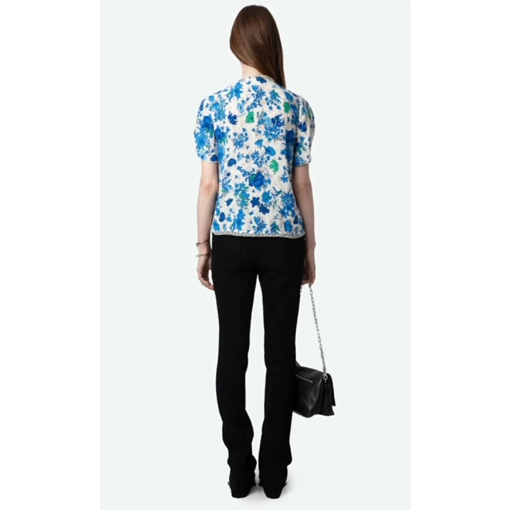 Zadig & Voltaire Bloemige Garden Flowers Crepe Top met Kant en Juweelknopen Blue Dames