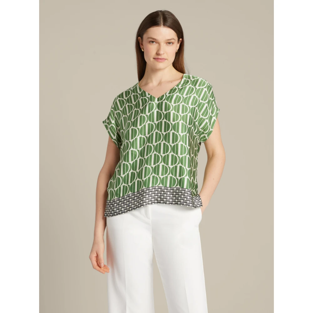 Elena Mirò Geometrische Print Satijnen Blouse Green Dames