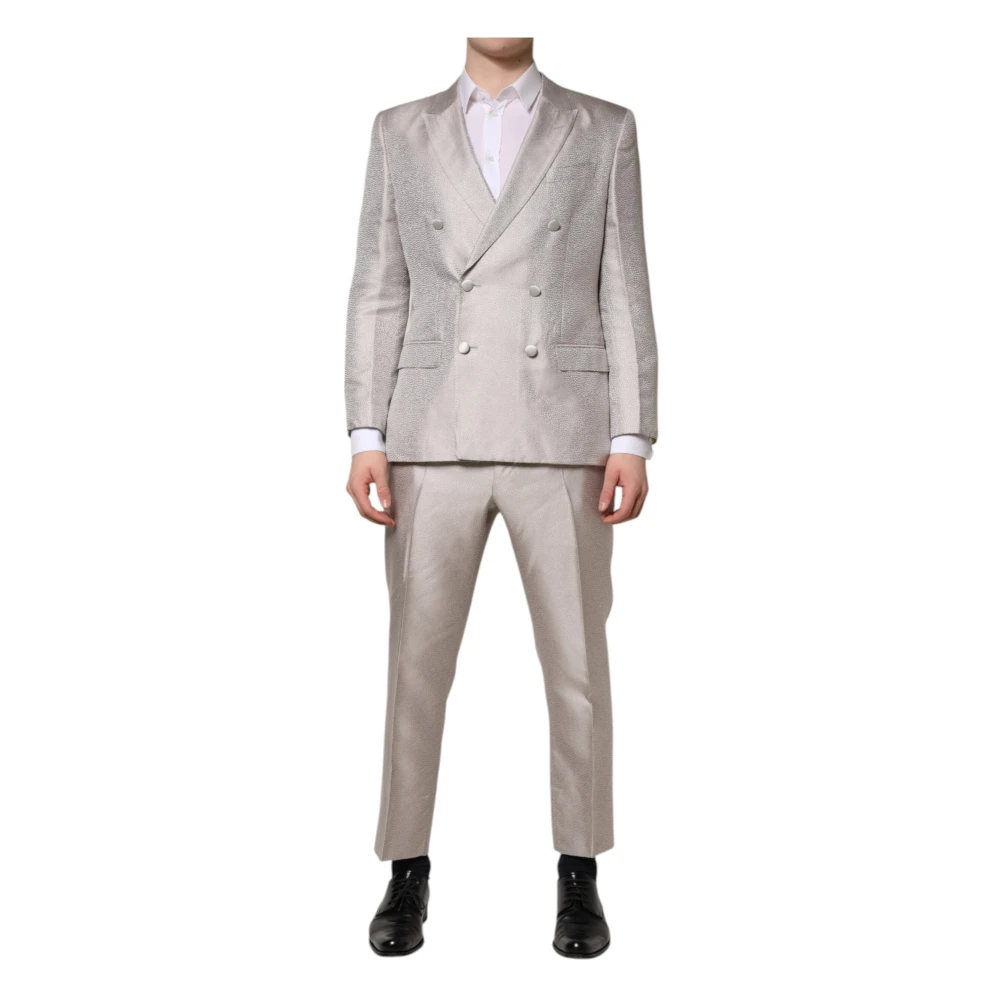 Dolce & Gabbana Men's Gray Double Breasted Suits, L, Light Jacquard Silk Suit