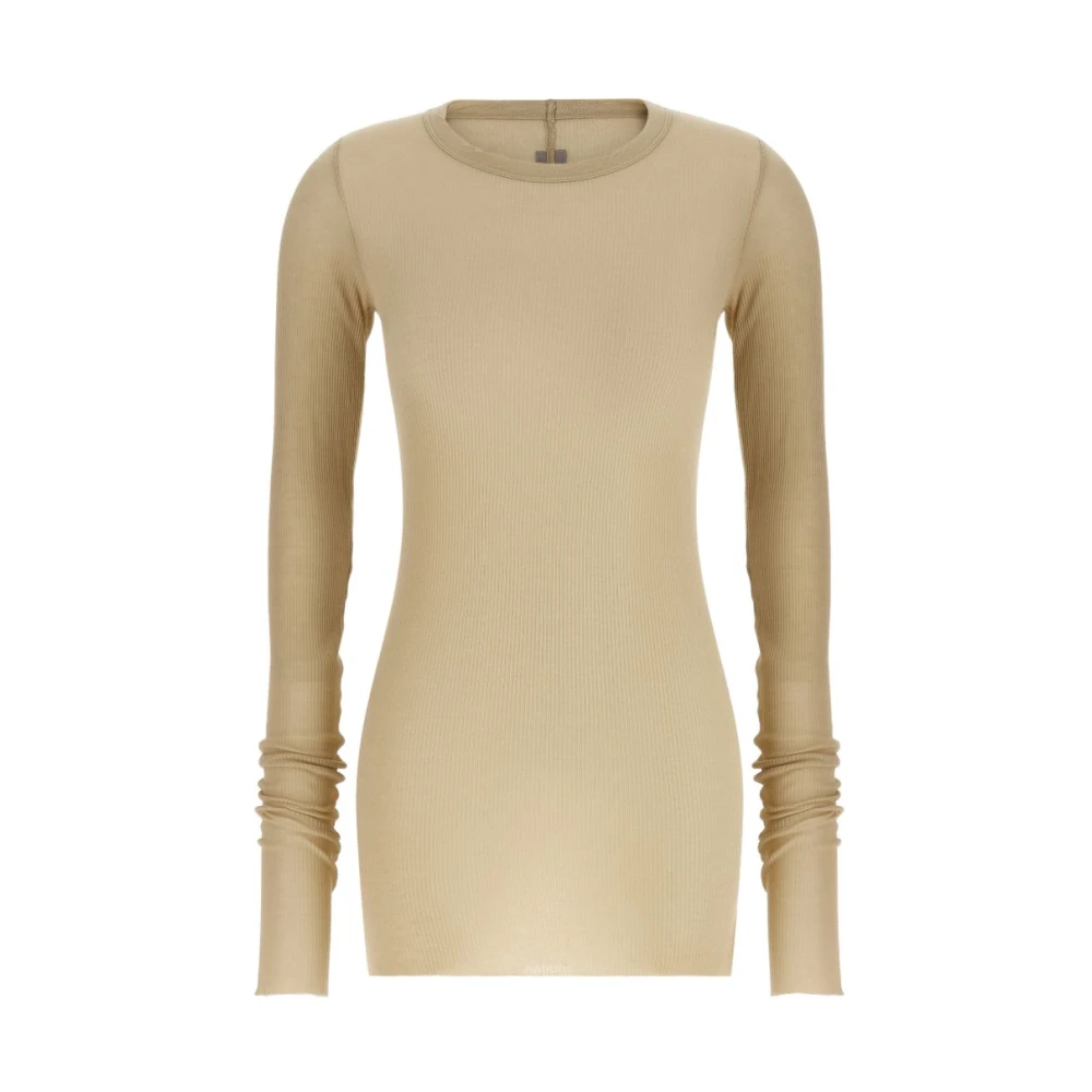 Rick Owens Beige Ribbed Crew Neck Long Sleeves Raw-Cut Hem - Female - Long Sleeve T-Shirts - M - Tops