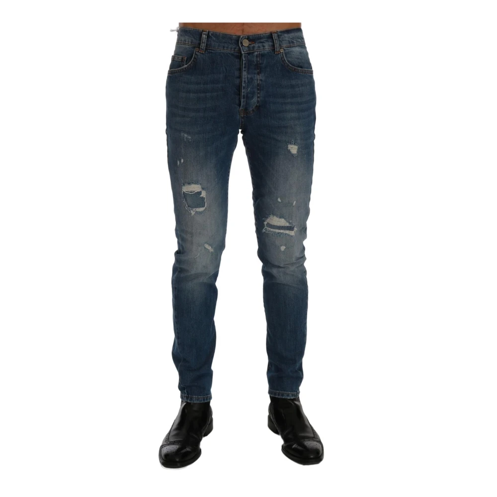 Frankie Morello Blue Slim Fit Logo Jeans Wash - Male - Slim Fit Jeans - W40 - Jeans