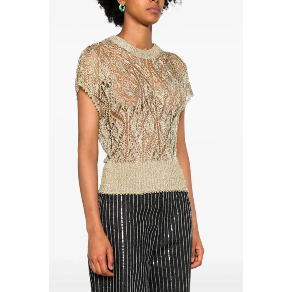 Ganni Metallic Gebreide Top met Ronde Hals Yellow Dames