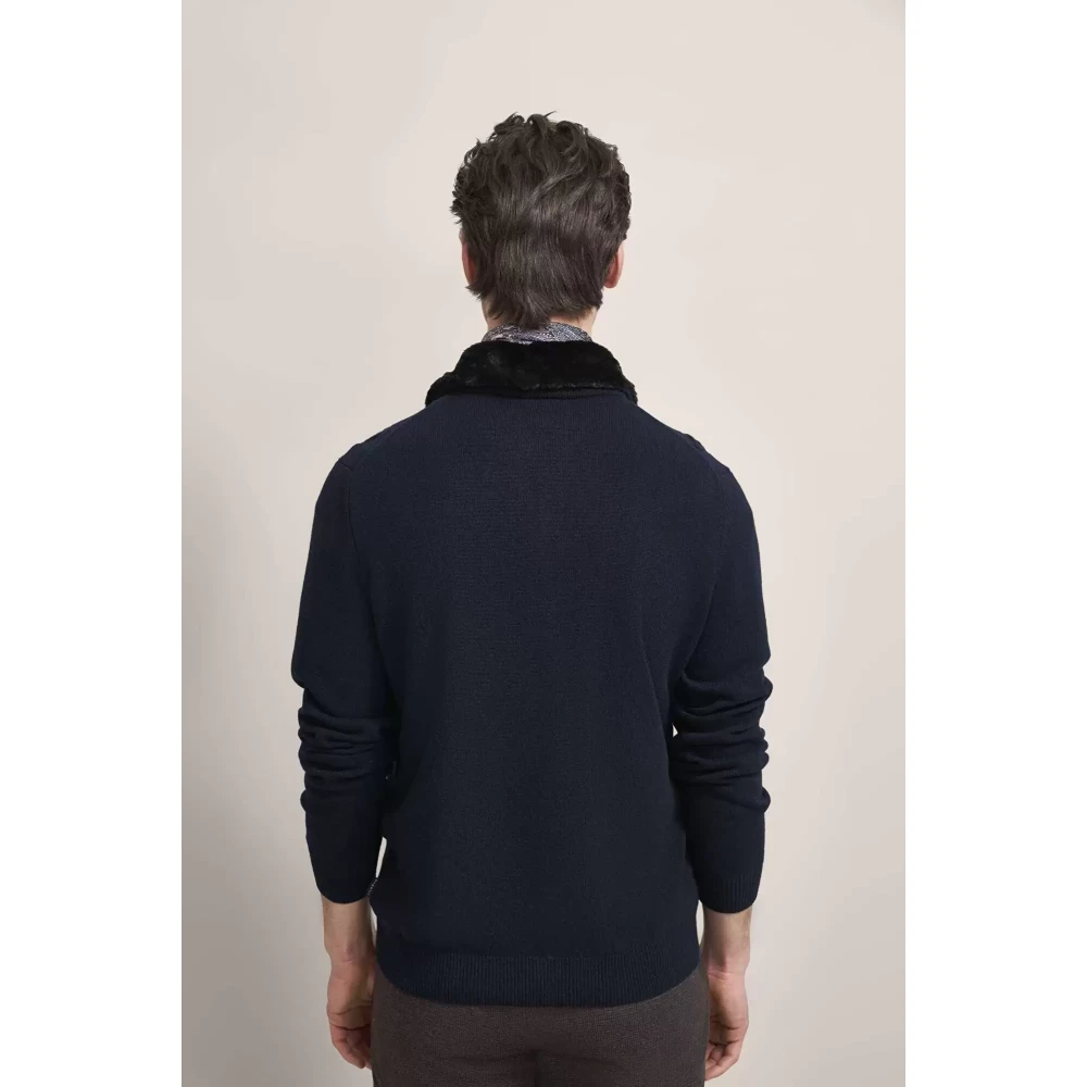 Bugatti Blauwe wollen blend jas met nepbont kraag Black Heren