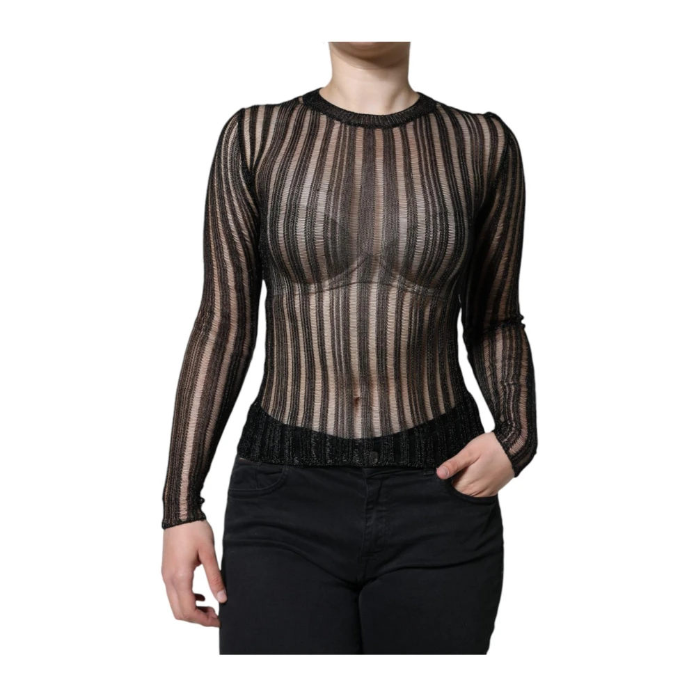 Dolce & Gabbana Women's Black Long Sleeve T-Shirts, S, Striped Metallic Knit Long Sleeve Top