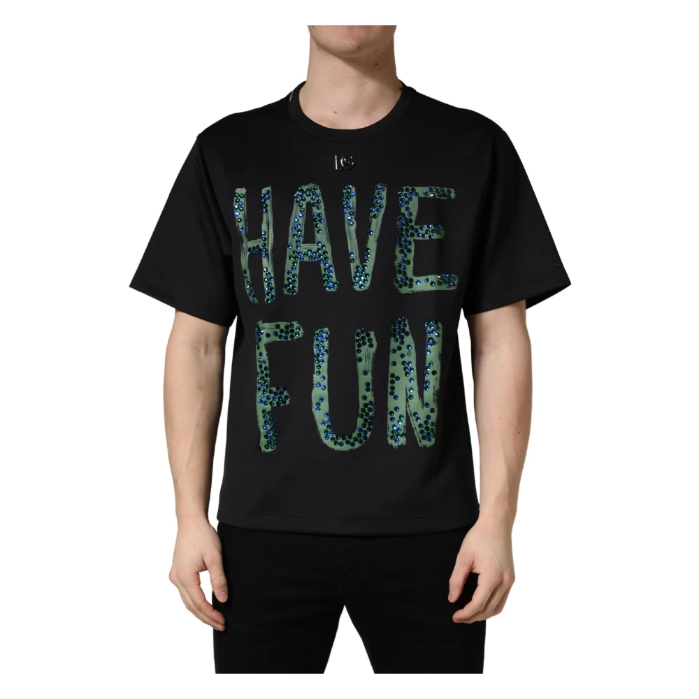 Dolce & Gabbana Men's Black T-Shirts, M, Have Fun Embellished Crew Neck T-Shirt