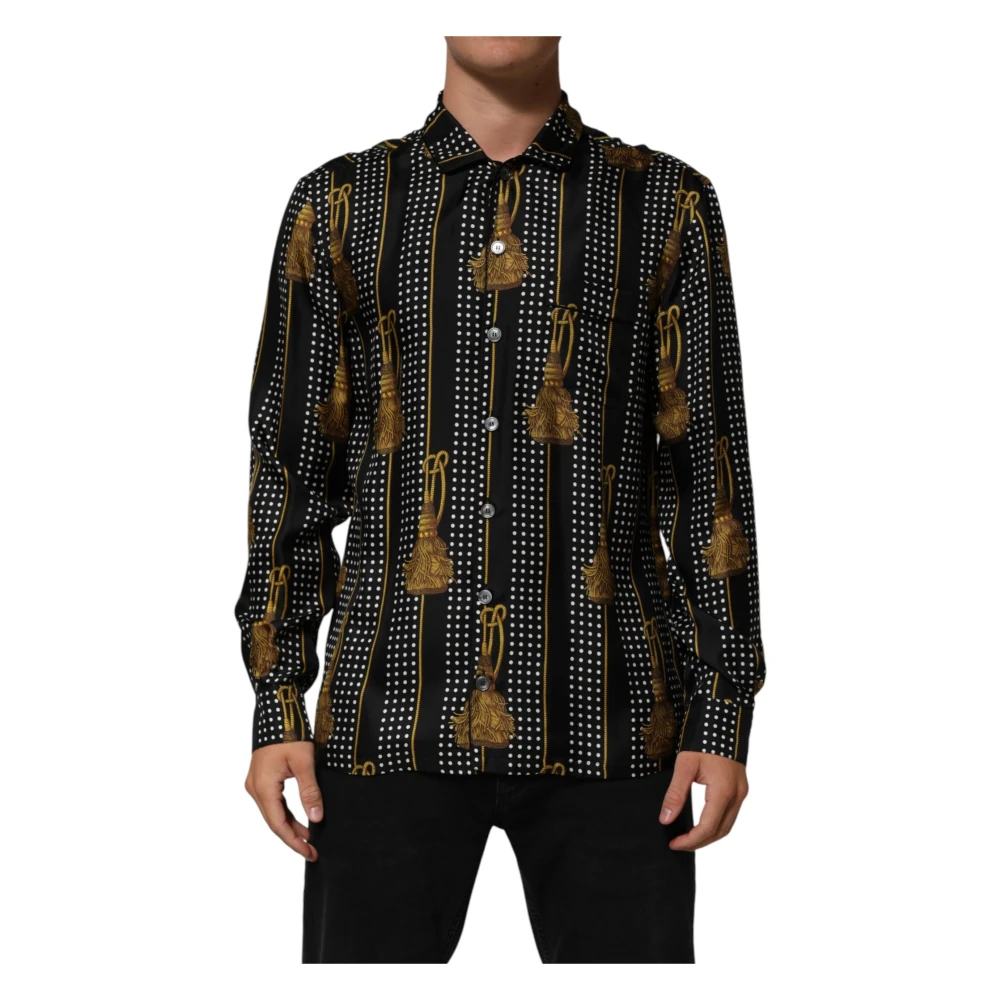 Dolce & Gabbana Men's Black Casual Shirts, M, Dotted Tassel Silk Button Down Shirt