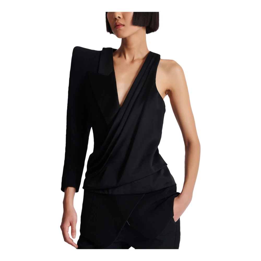 Balmain Asymmetrische jurk met gestructureerde schouder Black Dames