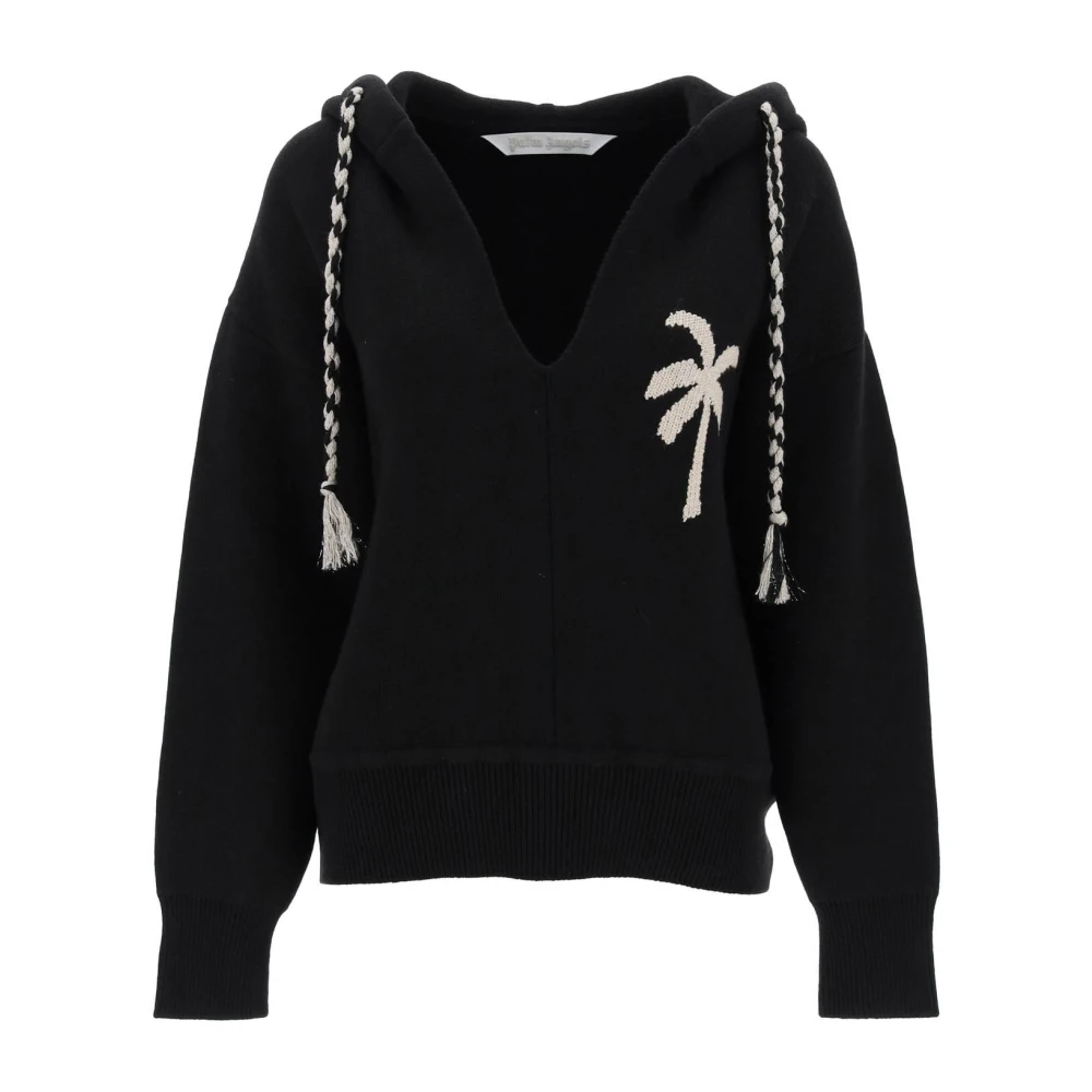 Palm Angels Stickad hoodie med lurex palm motiv Black, Dam
