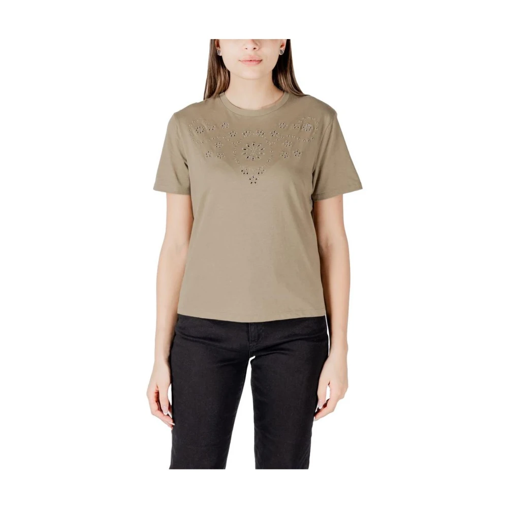 Jacqueline De Yong Women's Green Cotton Crew Neck T-Shirt
