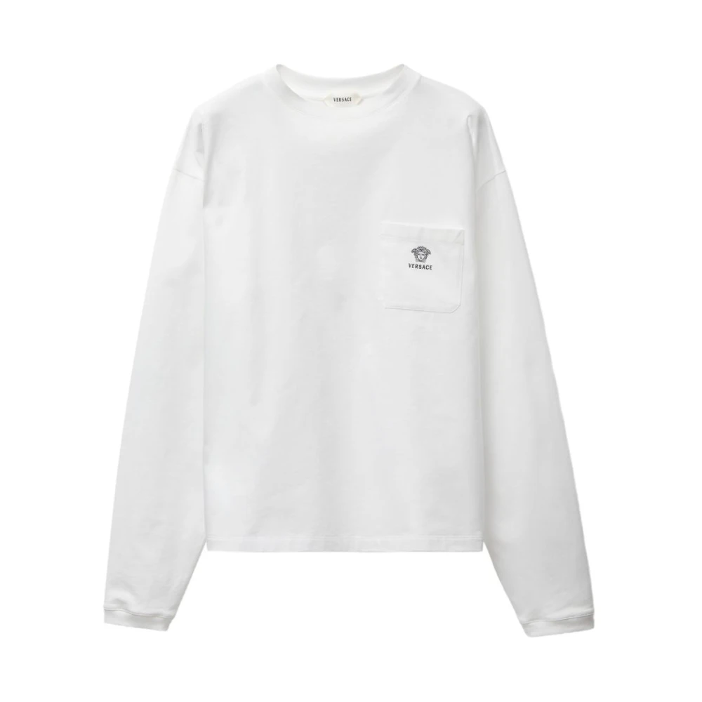 Versace Mannelijk Wit Tops Heren, M, Katoen, Geborduurd Katoenen T-Shirt Met Lange Mouwen