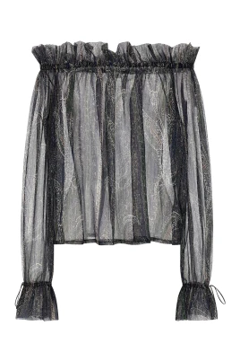 Rynkad blus i paisleymönstrad lurex-silkcrepon