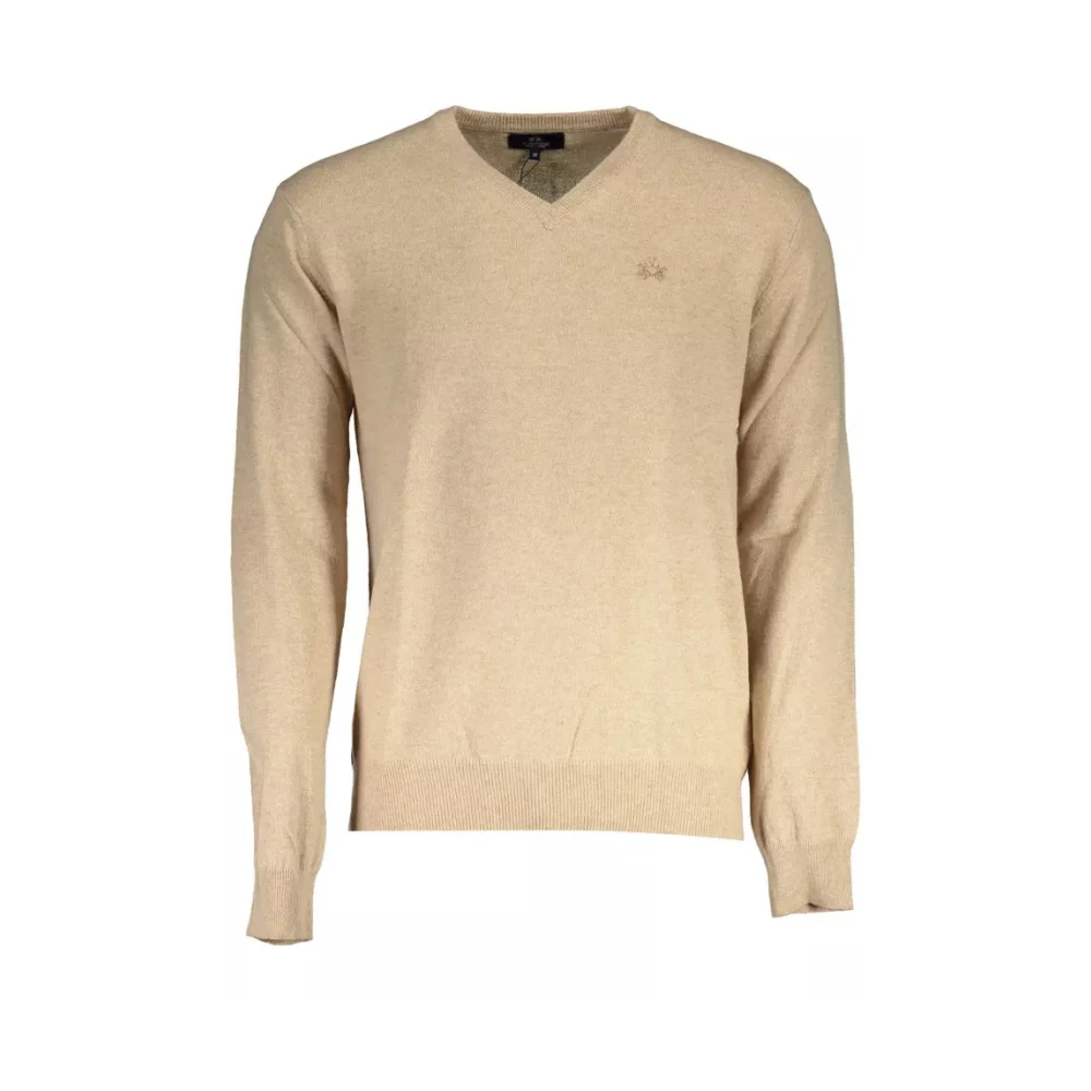 La Martina Men's Beige V-Neck Knitwear, L, Wool Pullover For