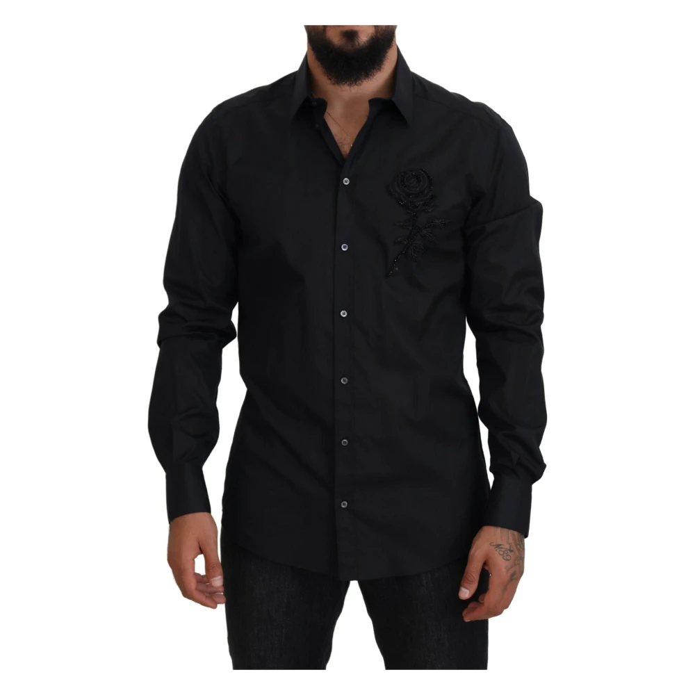 Dolce & Gabbana Men's Black Casual Shirts, M, Roses Slim Fit Cotton Shirt