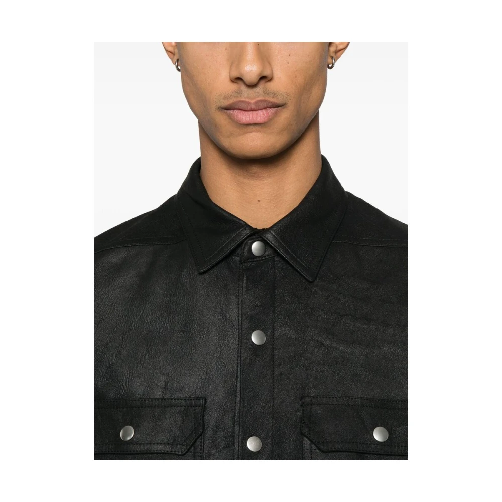 Rick Owens Zwarte leren bovenkleding met drukknoopsluiting Black Heren