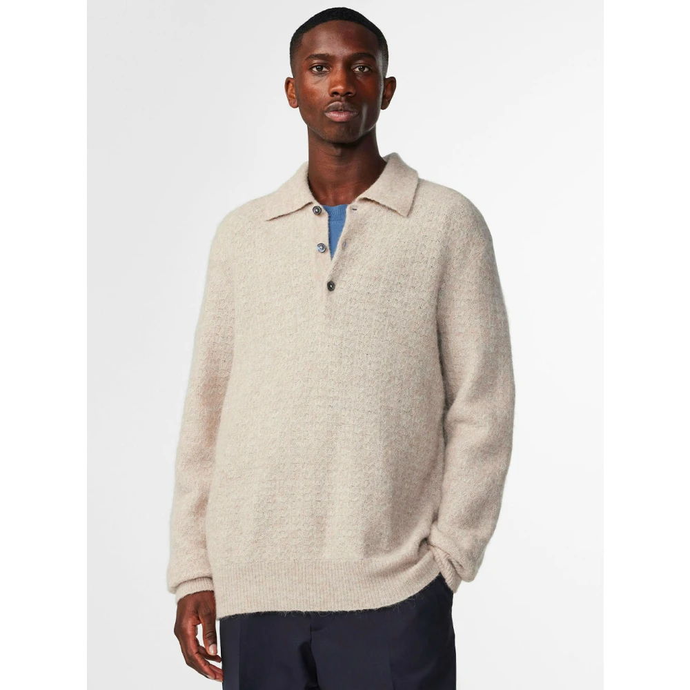 Nn07 Zachte Alpaca Blend Geribbelde Polo Beige Heren