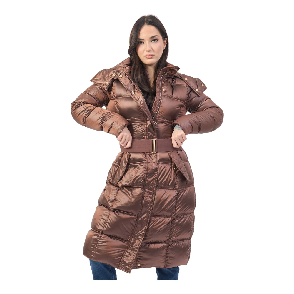 YES ZEE Bruine Gewatteerde Lange Jas met Capuchon Brown Dames