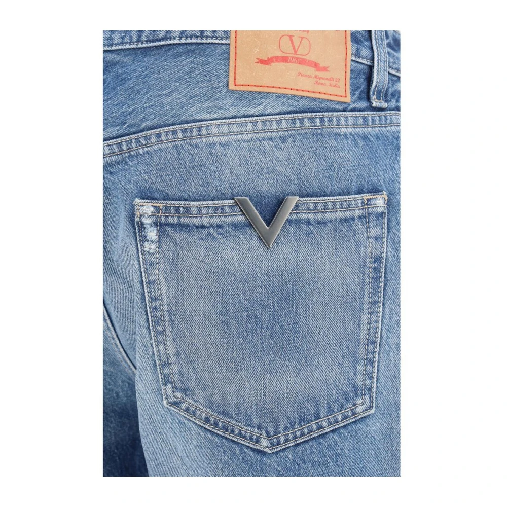 Valentino Metal Plaque Katoenen Jeans met Leren Patch Blue Heren