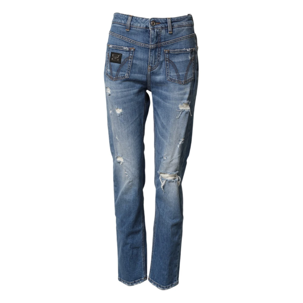 Dolce & Gabbana Women's Blue Distressed Washed Cotton Denim Jeans - Slim Fit Jeans - S - Jeans